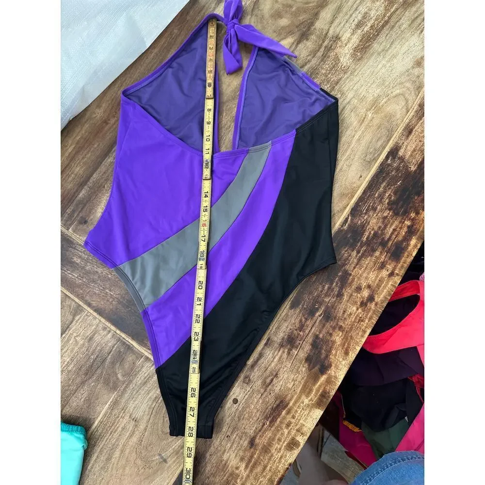 ICON Swim Purple High-Cut Cheeky Plunge Halter One-Piece Swimsuit Size XXL